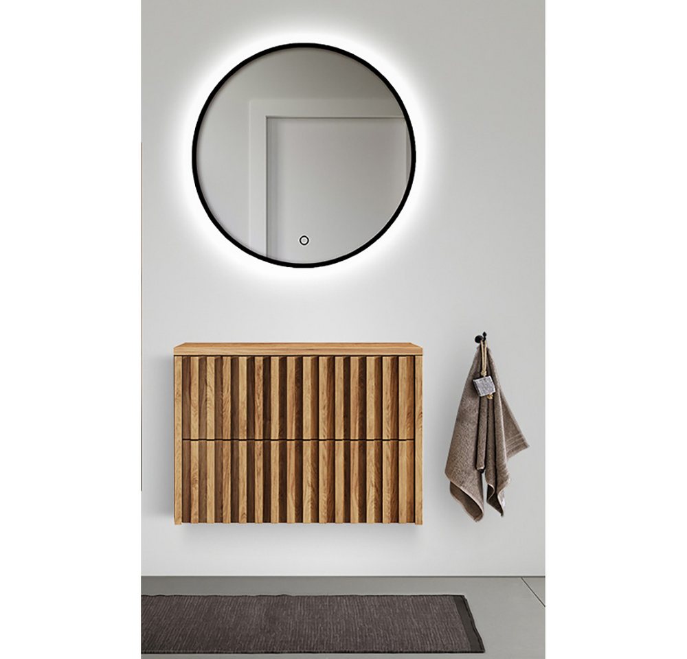 Lomadox Badmöbel-Set DESIO-107, (Spar-Set, 2-St., Waschbeckenunterschrank LED-Spiegel), in Eiche Nb. mit Lamellenfront, griffloses Design, Softclose von Lomadox