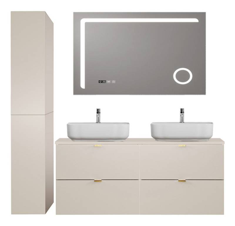Lomadox Badmöbel-Set DURANGO-56, (Spar-Set, 3-St., LED-Spiegel Doppelwaschtisch Hochschrank), 120cm Waschtisch, kaschmir, verschiedene Grifffarben, LED-Spiegel von Lomadox