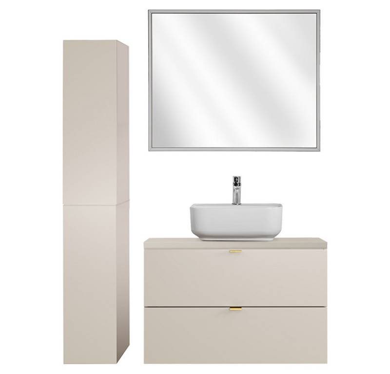 Lomadox Badmöbel-Set DURANGO-56, (Spar-Set, 3-St., LED-Spiegel Waschtisch Hochschrank), 80 cm breit, Keramikwaschbecken, kaschmir, 2 Schubladen von Lomadox