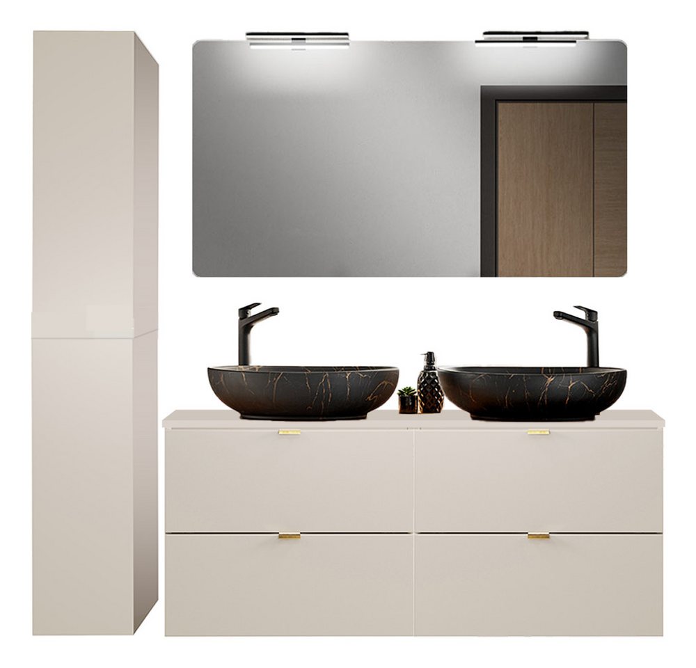 Lomadox Badmöbel-Set DURANGO-56, (Spar-Set, 3-St., Spiegel Doppelwaschtisch Hochschrank), 120cm Waschtisch, kaschmir, verschiedene Grifffarben, LED-Spiegel von Lomadox