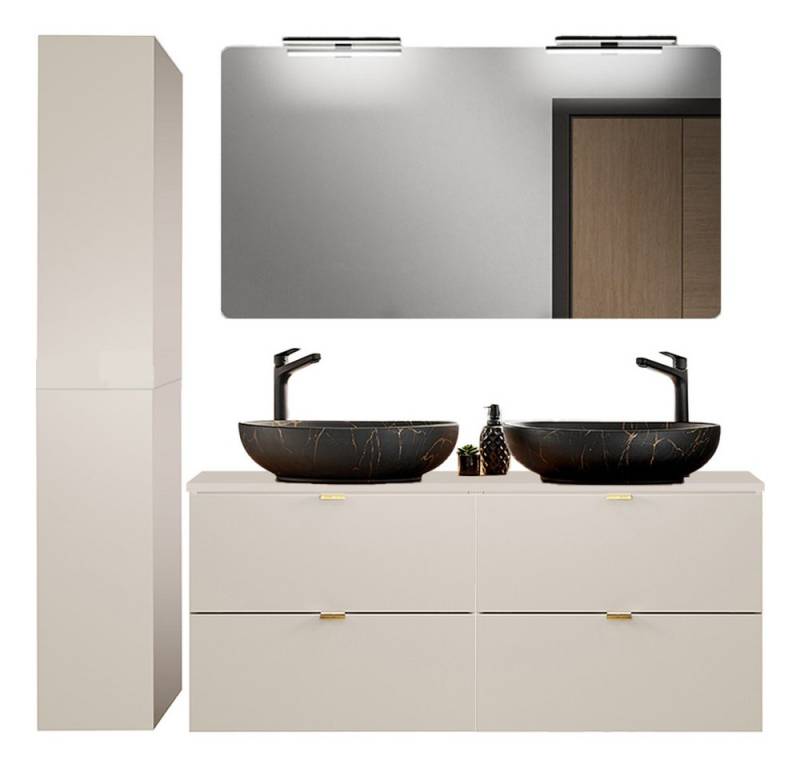 Lomadox Badmöbel-Set DURANGO-56, (Spar-Set, 3-St., Spiegel Doppelwaschtisch Hochschrank), 120cm Waschtisch, kaschmir, verschiedene Grifffarben, LED-Spiegel von Lomadox
