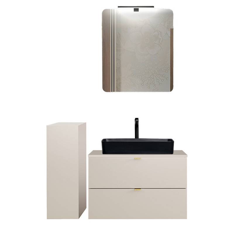 Lomadox Badmöbel-Set DURANGO-56, (Spar-Set, 3-St., Spiegel Waschtisch Badschrank), 120cm Waschtisch, kaschmir, verschiedene Grifffarben, LED-Spiegel von Lomadox