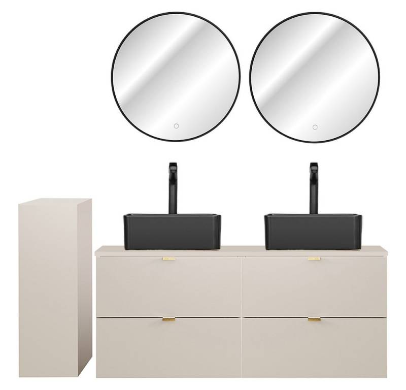 Lomadox Badmöbel-Set DURANGO-56, (Spar-Set, 4-St., LED-Spiegel Doppelwaschtisch Badschrank), 120cm Waschtisch, kaschmir, verschiedene Grifffarben, LED-Spiegel von Lomadox