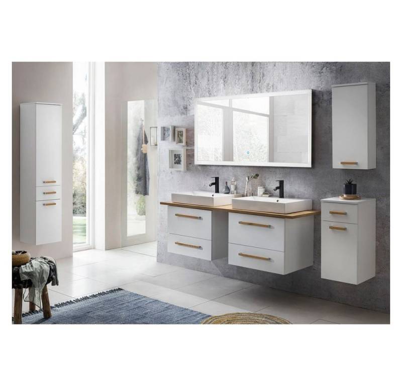 Lomadox Badmöbel-Set Dabo-04, (Spar-Set, 5-St), in weiß mit Eiche Landhaus DABO-04 mit 140cm LED-Spiegel 260/200/50 von Lomadox
