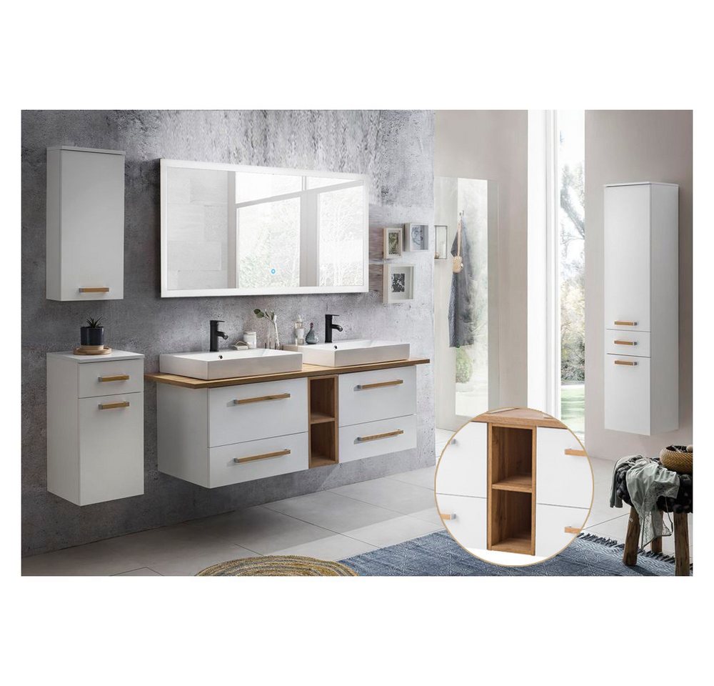 Lomadox Badmöbel-Set Dabo-04, (Spar-Set, 6-St), Eiche Landhaus DABO-04 mit 140cm LED-Touch-Spiegel 260/200/50 von Lomadox