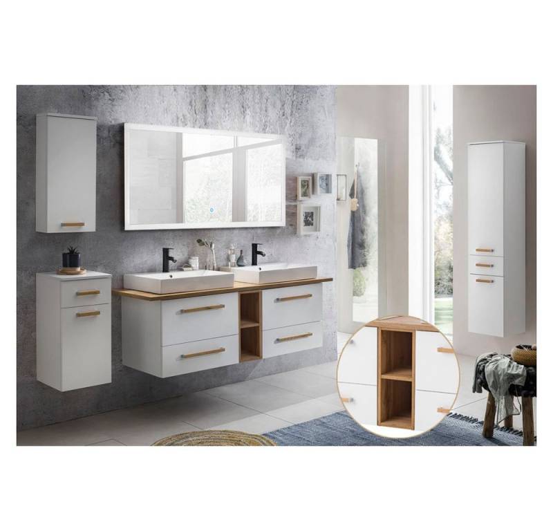 Lomadox Badmöbel-Set Dabo-04, (Spar-Set, 6-St), Eiche Landhaus DABO-04 mit 140cm LED-Touch-Spiegel 260/200/50 von Lomadox