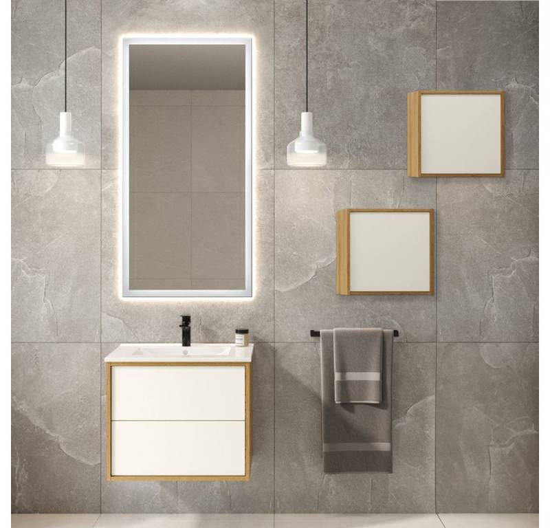 Lomadox Badmöbel-Set ELICE-145, (Spar-Set, 4-St., Waschtisch Hängeschränke Spiegel), Waschbeckenschrank Keramik Waschbecken Beleuchtung weiß Eiche modern von Lomadox