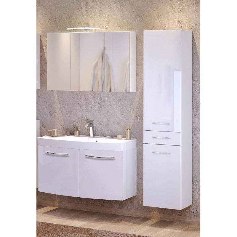 Lomadox Badmöbel-Set FLORIDO-03, (Spar-Set, 3-St), weiß Waschtisch mit Türen LED-Spiegelschrank Hochschrank 155x200x47 cm von Lomadox