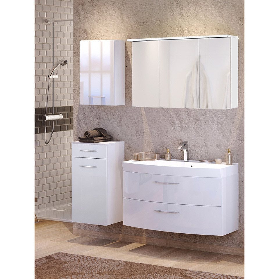 Lomadox Badmöbel-Set FLORIDO-03, (Spar-Set, 4-St), Hochglanz weiß Waschtisch 155x200x47 cm Waschtisch 2 Auszüge von Lomadox