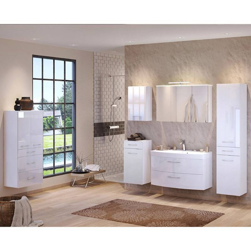 Lomadox Badmöbel-Set FLORIDO-03, (Spar-Set, 6-St), weiß Waschtisch mit 2 Auszügen LED-Aufbauleuchte 210x200x47 cm von Lomadox