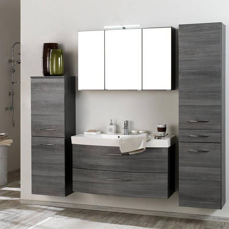 Lomadox Badmöbel-Set FLORIDO-03, (Spar-Set, 4-St), Midischrank Badschrank Waschtisch Spiegelschrank Hochschrank grau von Lomadox
