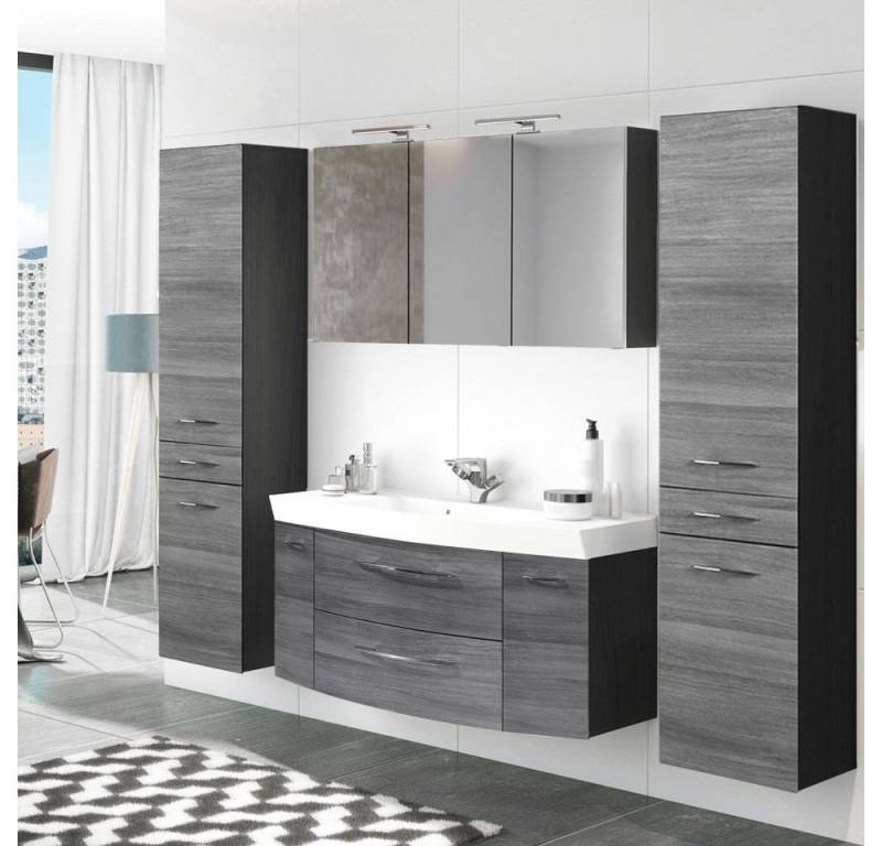 Lomadox Badmöbel-Set FLORIDO-03, (Spar-Set, 4-St), Spiegelschrank Eiche Rauchsilber 2 Hochschränken 230x200x47 cm von Lomadox