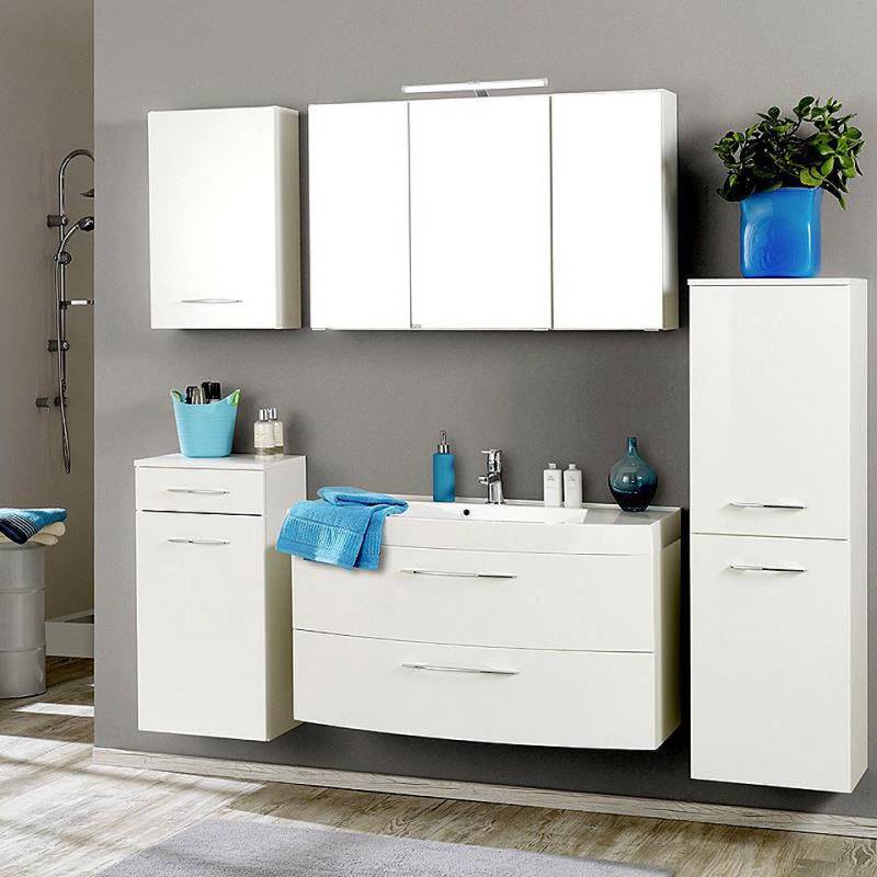Lomadox Badmöbel-Set FLORIDO-03, (Spar-Set, 5-St), Badschrank Waschtisch Spiegelschrank Midischrank weiß Hochglanz von Lomadox