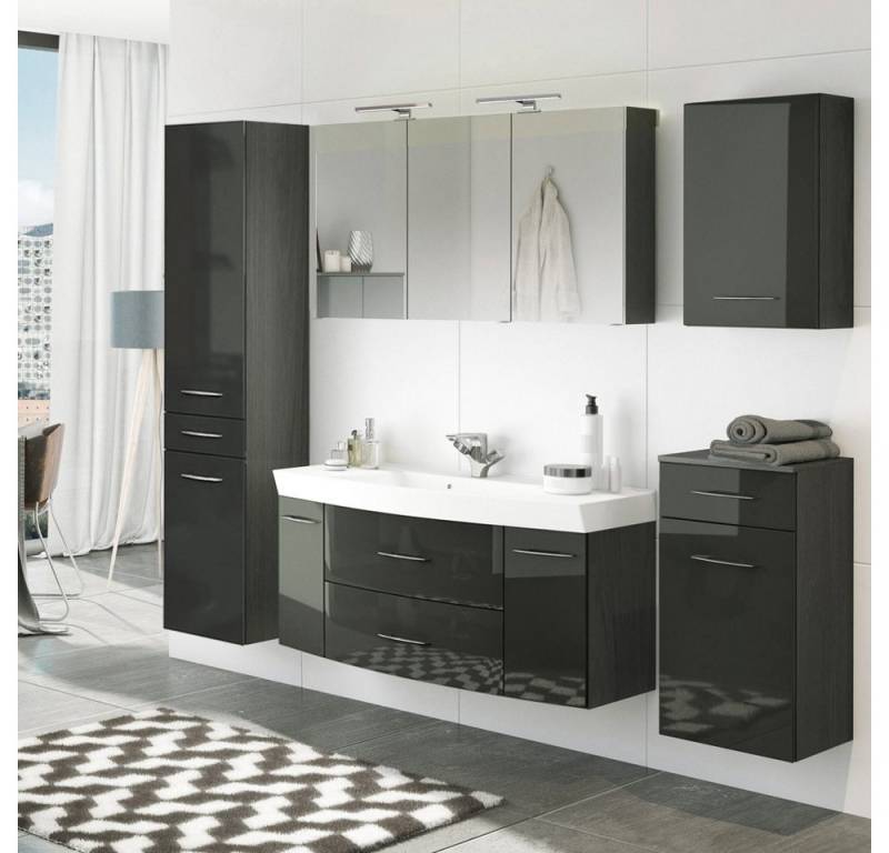 Lomadox Badmöbel-Set FLORIDO-03, (Spar-Set, 5-St), mit 120cm Waschtisch & Hochschrank Hochglanz grau 230x200x47 cm von Lomadox