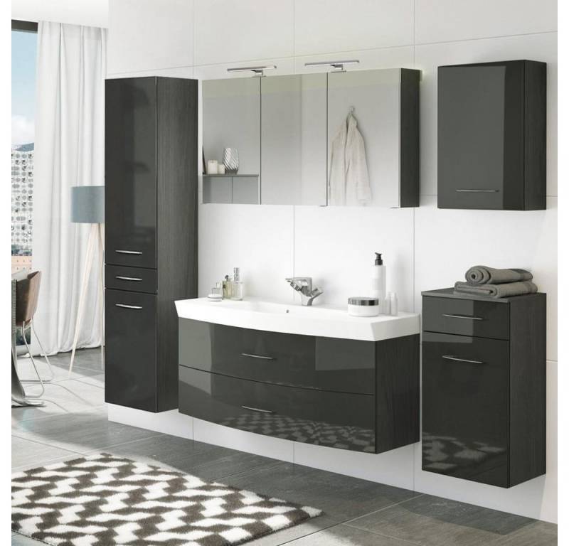 Lomadox Badmöbel-Set FLORIDO-03, (Spar-Set, 5-St), mit 120cm Waschtisch & Hochschrank Hochglanz grau 230x200x47 cm von Lomadox