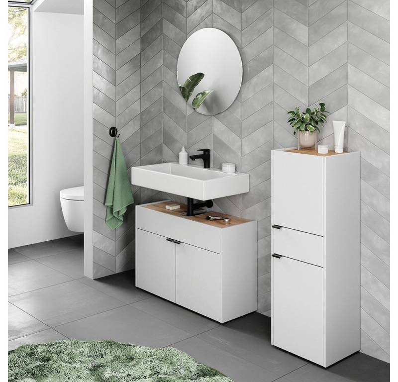 Lomadox Badmöbel-Set FLORINA-01, (Spar-Set, 3-St., Waschbeckenunterschrank Badezimmerschrank), modern in weiß mit Eiche von Lomadox