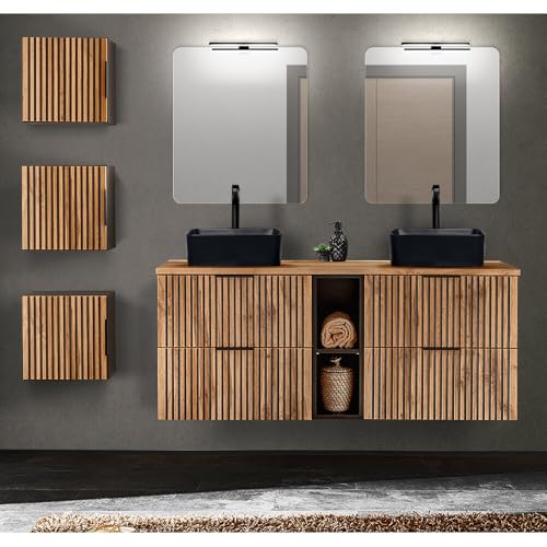 Lomadox Badmöbel Set Front Rillen schwarz Doppelwaschtisch mit Regal 141 cm Keramik Aufsatzwaschbecken 3 Hängeschränke Spiegel Aufbauleuchte anthrazit Wotan Eiche Nb. von Lomadox
