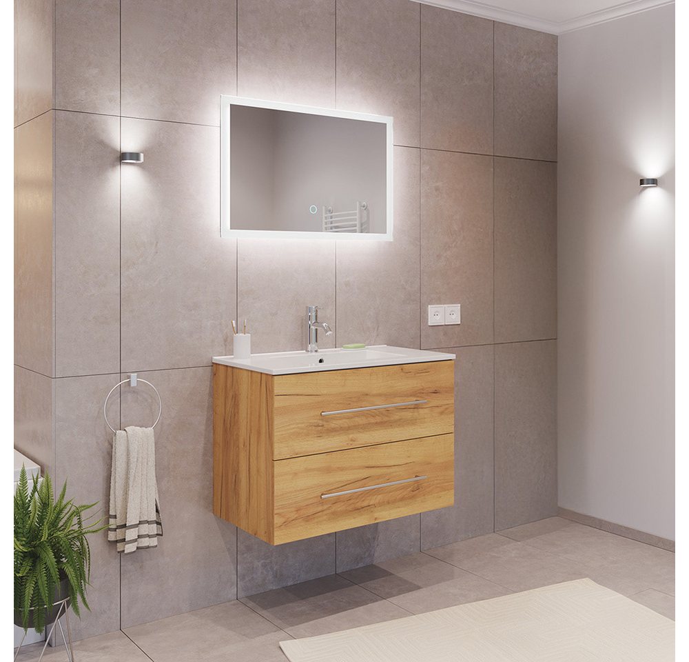Lomadox Badmöbel-Set HARLINGEN-02, (Spar-Set, 2-St., Waschtisch LED Spiegel), Eiche, viel Stauraum, LED Touch-Bedienung von Lomadox