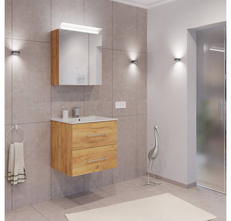 Lomadox Badmöbel-Set HARLINGEN-02, (Spar-Set, 2-St., Waschtisch Spiegelschrank), Eiche Nb., 2 Schubladen, LED Aufsatzleuchte von Lomadox