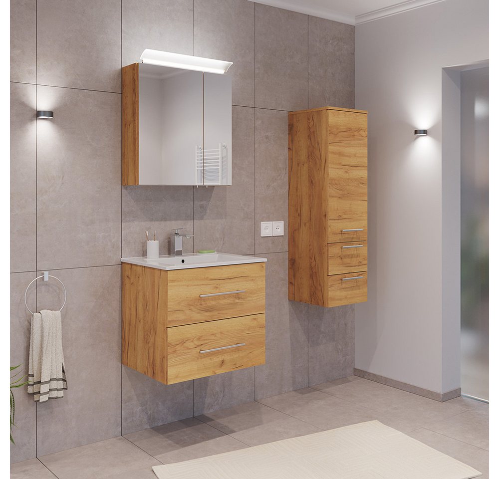 Lomadox Badmöbel-Set HARLINGEN-02, (Spar-Set, 3-St., Waschtisch Spiegelschrank Hochschrank), Eiche Nb.,viel Stauraum, LED Aufsatzleuchte von Lomadox
