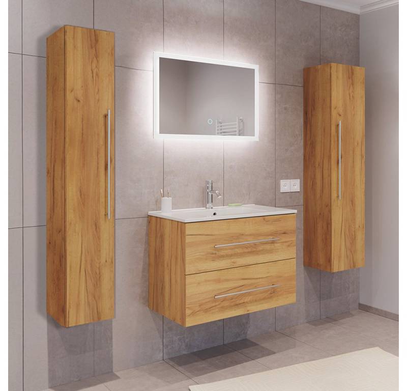 Lomadox Badmöbel-Set HARLINGEN-02, (Spar-Set, 4-St., Waschtisch LED Spiegel Hochschränke), Eiche, viel Stauraum, LED Touch-Bedienung von Lomadox