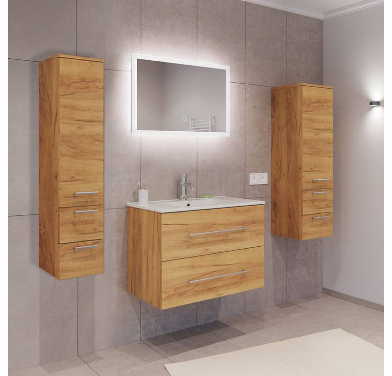 Lomadox Badmöbel-Set HARLINGEN-02, (Spar-Set, 4-St., Waschtisch LED Spiegel Hochschränke), Eiche, viel Stauraum, LED Touch-Bedienung von Lomadox
