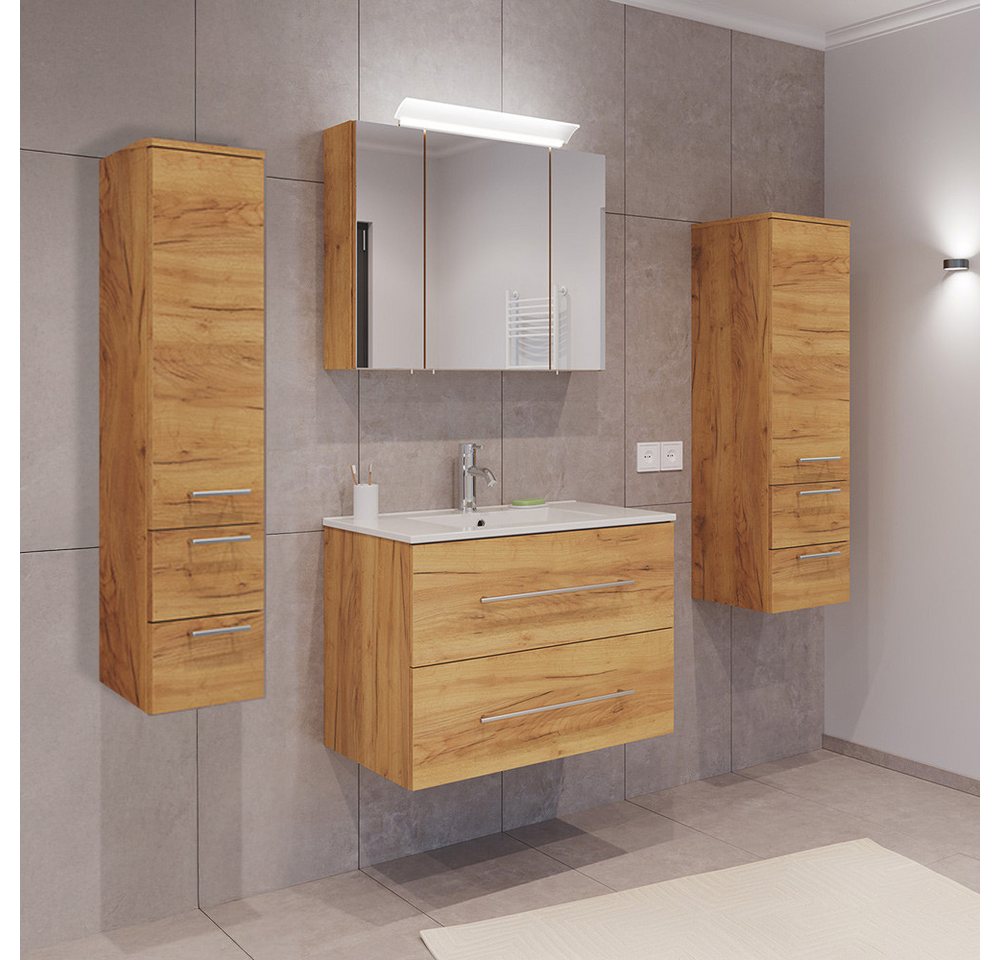Lomadox Badmöbel-Set HARLINGEN-02, (Spar-Set, 4-St., Waschtisch Spiegelschrank Hochschränke), Eiche Nb., viel Stauraum, LED Aufsatzleuchte von Lomadox