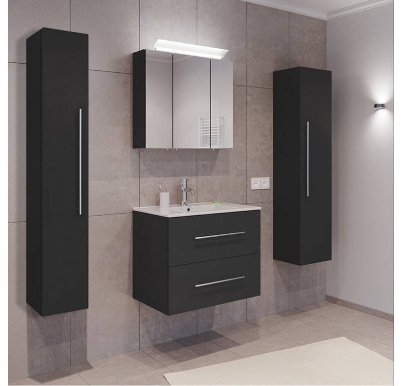 Lomadox Badmöbel-Set HARLINGEN-02, (Spar-Set, 4-St., Waschtisch Spiegelschrank Hochschränke), grau, viel Stauraum, LED Aufsatzleuchte von Lomadox
