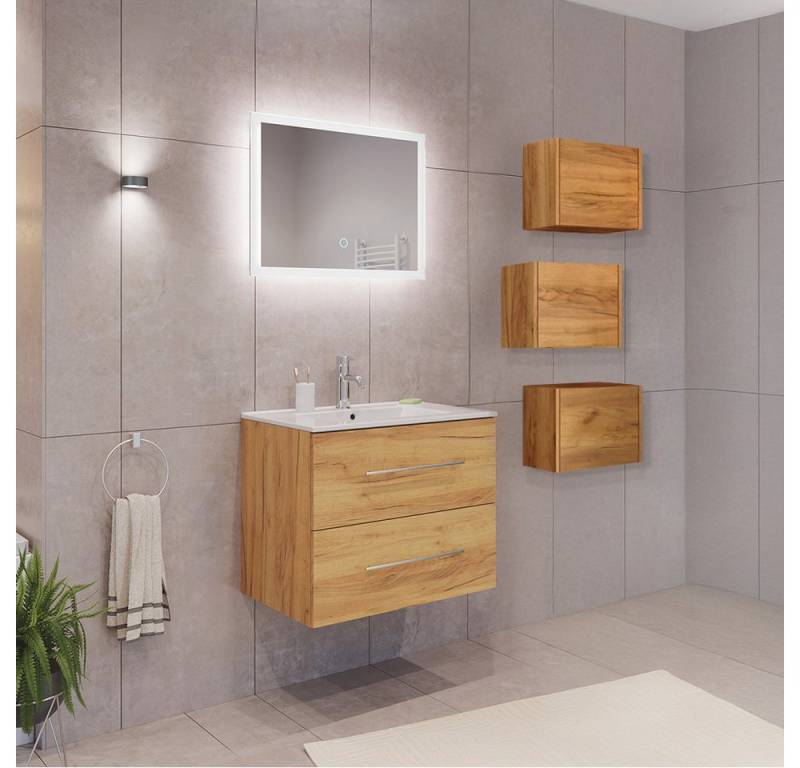Lomadox Badmöbel-Set HARLINGEN-02, (Spar-Set, 5-St., Waschtisch LED Spiegel Hängeschränke), Eiche, viel Stauraum, LED Touch-Bedienung von Lomadox