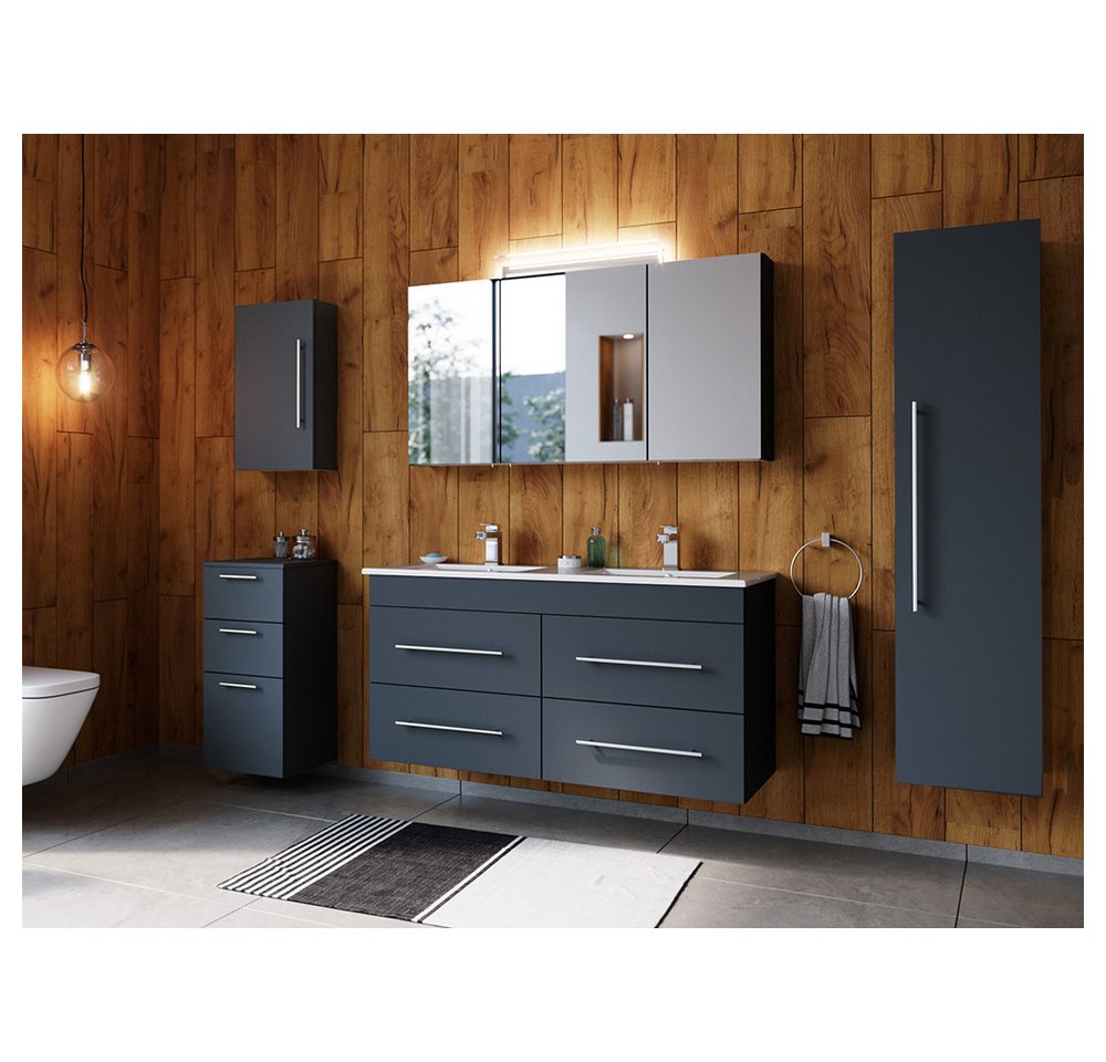 Lomadox Badmöbel-Set HARLINGEN-02, (Spar-Set, 5-St., Waschtisch Spiegelschrank Hochschrank Hängeschrank Unterschrank), grau, viel Stauraum, LED Aufsatzleuchte von Lomadox