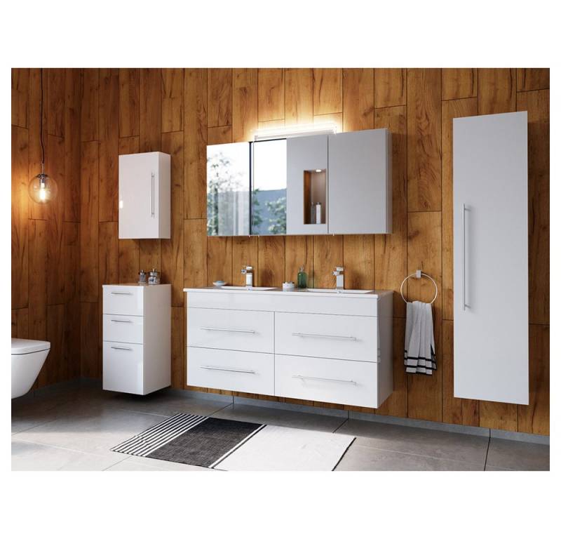 Lomadox Badmöbel-Set HARLINGEN-02, (Spar-Set, 5-St., Waschtisch Spiegelschrank Hochschrank Unterschrank Hängeschrank), weiß, viel Stauraum, LED Aufsatzleuchte von Lomadox