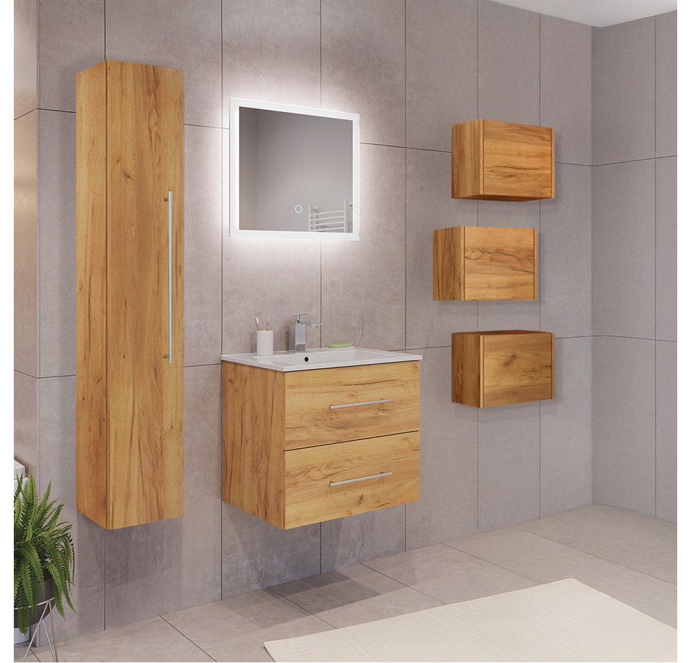 Lomadox Badmöbel-Set HARLINGEN-02, (Spar-Set, 6-St., Waschtisch LED Spiegel Hochschrank Hängeschränke), Eiche, viel Stauraum, LED Touch-Bedienung von Lomadox