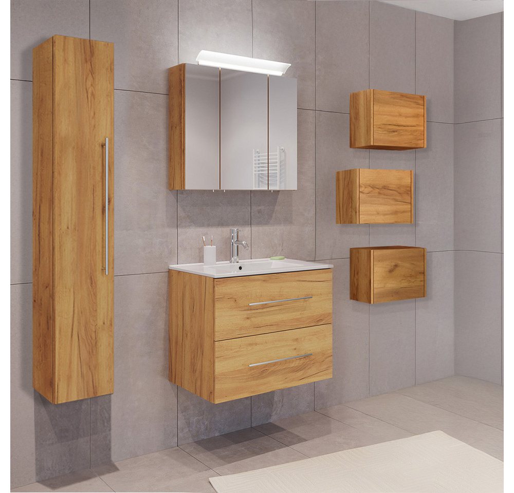 Lomadox Badmöbel-Set HARLINGEN-02, (Spar-Set, 6-St., Waschtisch Spiegelschrank Hochschrank Hängeschränke), Eiche Nb., viel Stauraum, LED Aufsatzleuchte von Lomadox
