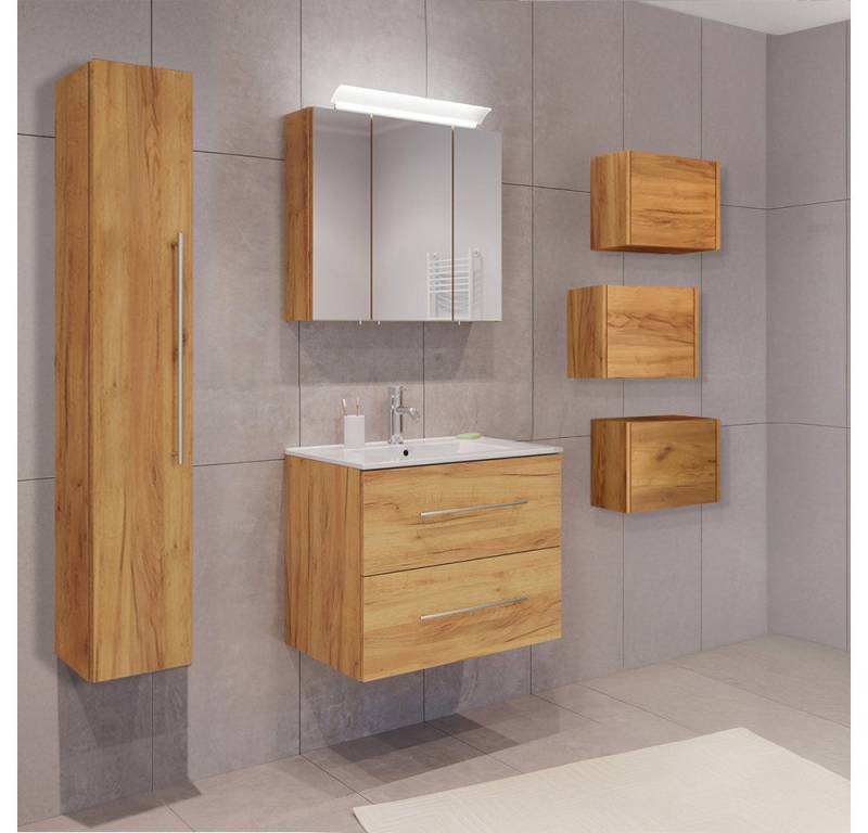 Lomadox Badmöbel-Set HARLINGEN-02, (Spar-Set, 6-St., Waschtisch Spiegelschrank Hochschrank Hängeschränke), Eiche Nb., viel Stauraum, LED Aufsatzleuchte von Lomadox