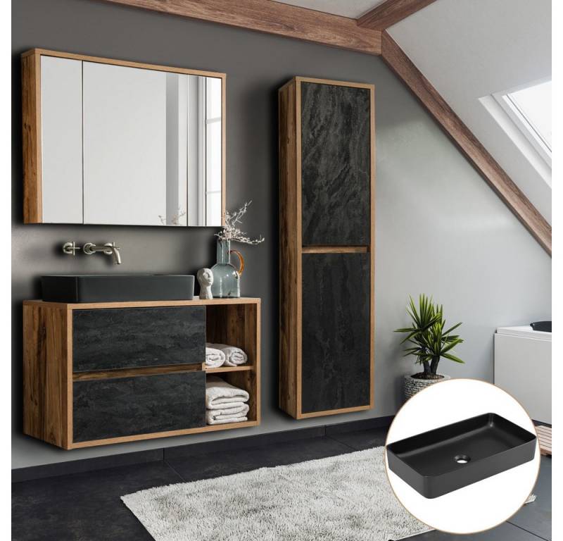 Lomadox Badmöbel-Set HARLOW-56, (Spar-Set, 4-St), Eiche mit Beton-Dunkel Nb. B/H/ 160/200/46 cm von Lomadox