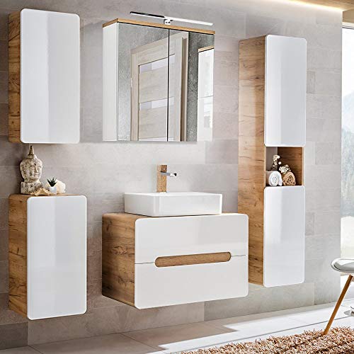Lomadox Badmöbel Set Hochglanz weiß mit Wotan Eiche Nb., 50 cm Keramik-Waschtisch, LED-Spiegelschrank Lomadox Badmöbel Set Hochglanz weiß mit Wotan Eiche Nb., 50 cm Keramik-Waschtisch, LED-Spiegelschrank von Lomadox