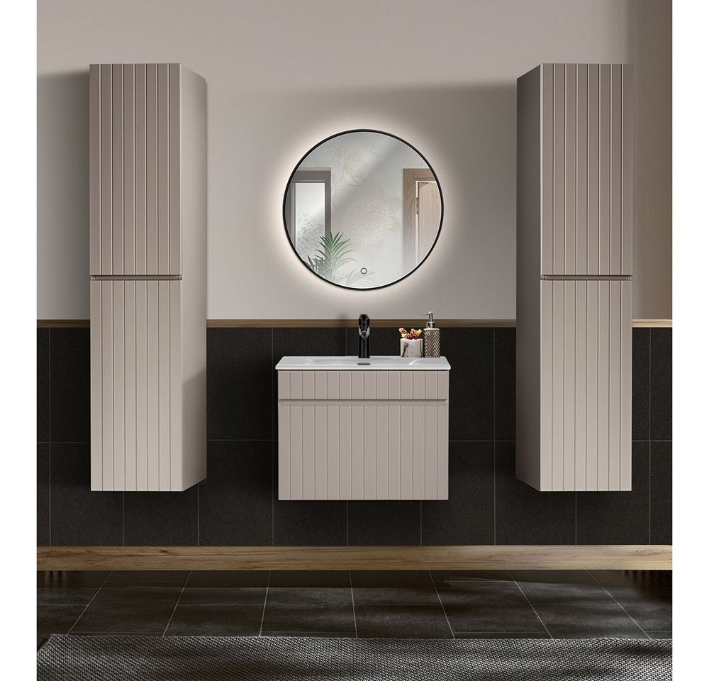 Lomadox Badmöbel-Set IRAKLIO-56-CASHMERE, (Spar-Set, 4-St), Kaschmir, Rillen-Design, Waschtisch 61 cm, 2 Hochschränke, LED Spiegel von Lomadox