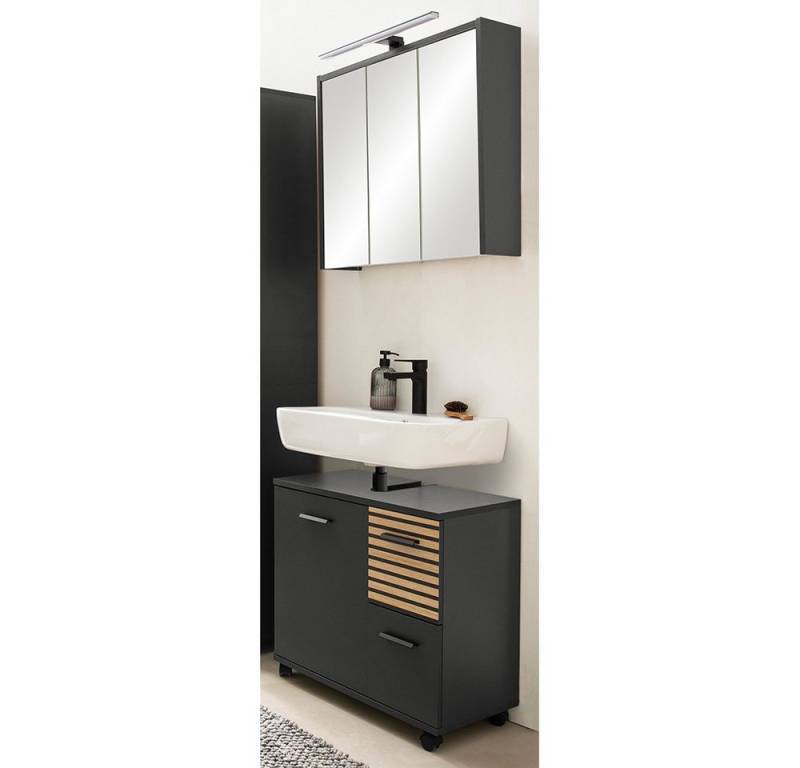 Lomadox Badmöbel-Set KANE-80, (Spar-Set, 2-St., Waschbeckenunterschrank Spiegelschrank Aufbauleuchte), anthrazit Akustikpaneel-Optik inkl. LED Aufbauleuchte von Lomadox