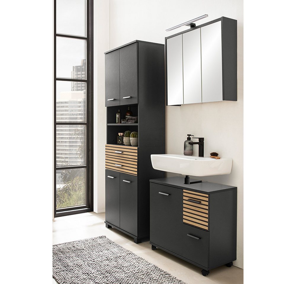 Lomadox Badmöbel-Set KANE-80, (Spar-Set, 3-St., Badschrank Waschbeckenunterschrank Spiegelschrank Aufbauleuchte), anthrazit Akustikpaneel-Optik inkl. LED Aufbauleuchte von Lomadox