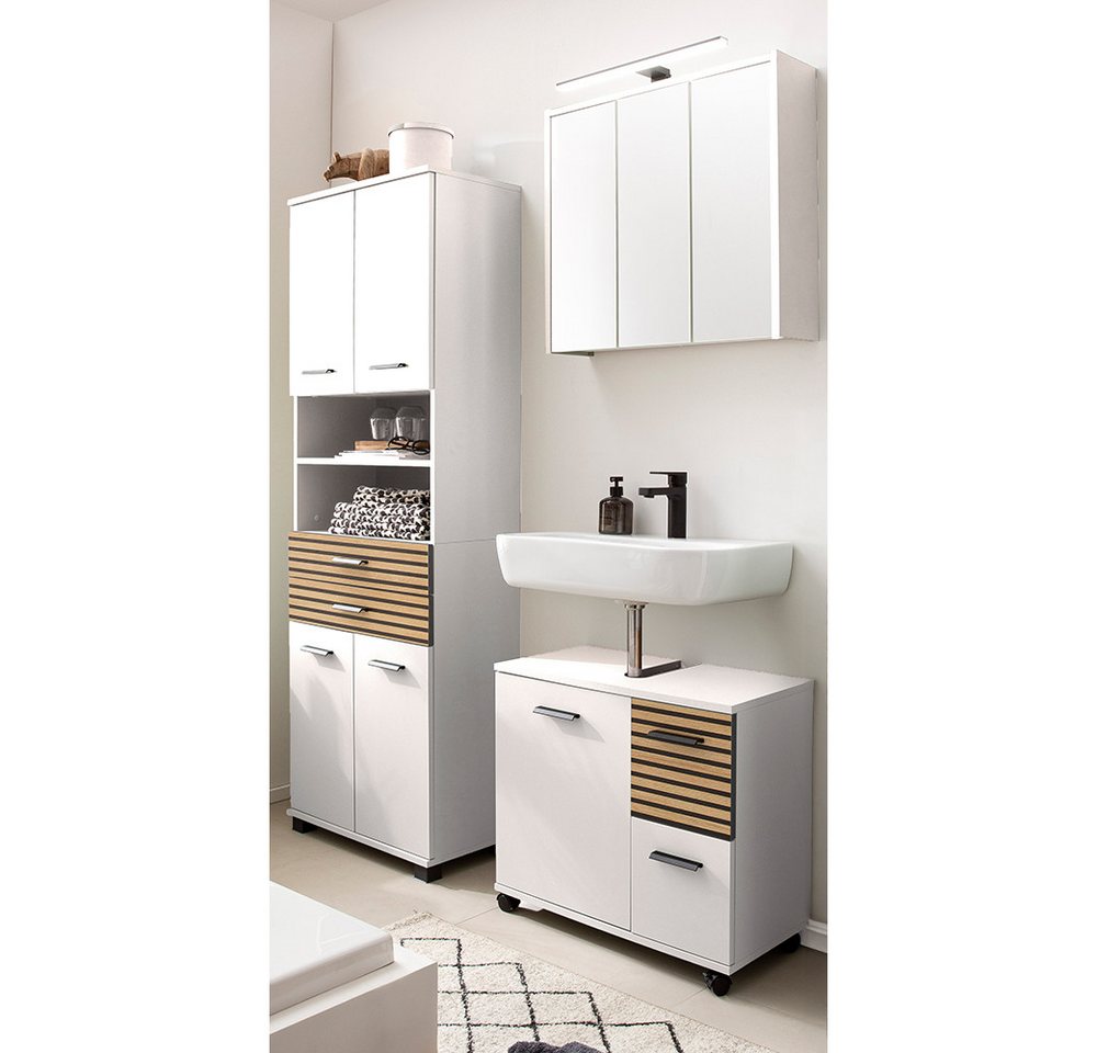 Lomadox Badmöbel-Set KANE-80, (Spar-Set, 3-St., Badschrank Waschbeckenunterschrank Spiegelschrank Aufbauleuchte), weiß matt Akustikpaneel-Optik inkl. LED Aufbauleuchte von Lomadox