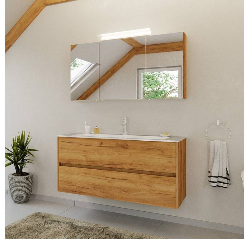 Lomadox Badmöbel-Set LIVIGNO-02, (Spar-Set, 2-St., Spiegelschrank Waschtisch), in Eiche, inkl. LED-Beleuchtung von Lomadox