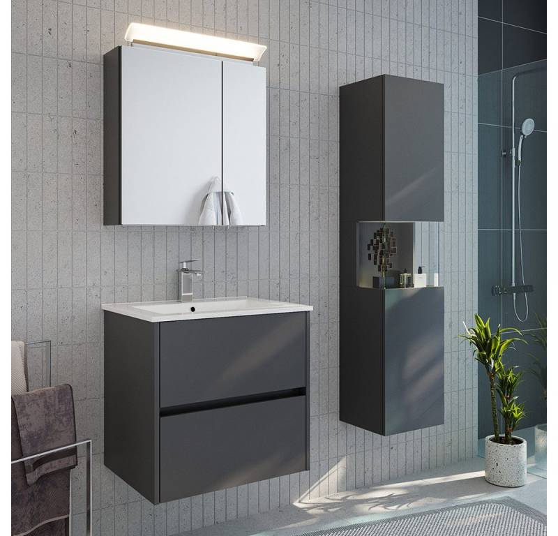 Lomadox Badmöbel-Set LIVIGNO-02, (Spar-Set, 2-St., Spiegelschrank Waschtisch Hochschrank), in graphit matt, inkl. LED-Beleuchtung von Lomadox