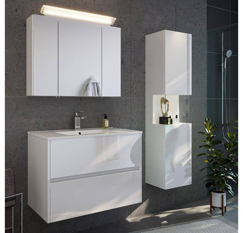 Lomadox Badmöbel-Set LIVIGNO-02, (Spar-Set, 2-St., Spiegelschrank Waschtisch Hochschrank), in weiß Hochglanz, inkl. LED-Beleuchtung von Lomadox