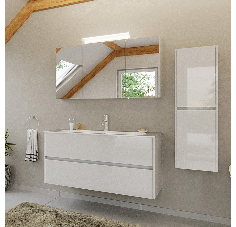 Lomadox Badmöbel-Set LIVIGNO-02, (Spar-Set, 3-St., Spiegelschrank Waschtisch Midischrank), in weiß Hochglanz mit LED-Beleuchtung von Lomadox