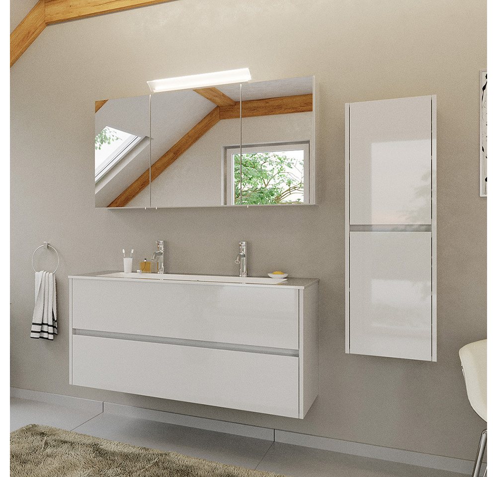 Lomadox Badmöbel-Set LIVIGNO-02, (Spar-Set, 3-St., Spiegelschrank Waschtisch Midischrank), in weiß Hochglanz mit LED-Beleuchtung von Lomadox