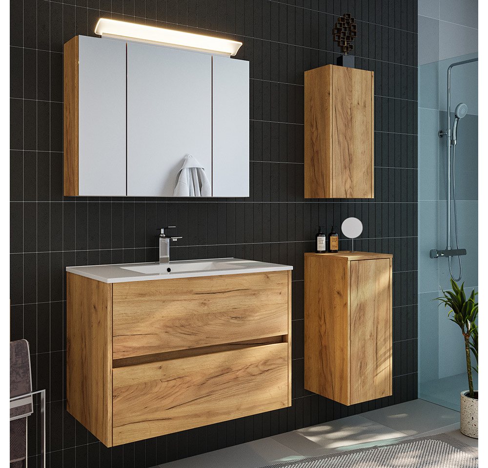 Lomadox Badmöbel-Set LIVIGNO-02, (Spar-Set, 4-St., Spiegelschrank Waschtisch Hängeschrank Unterschrank), in Eiche mit LED-Beleuchtung von Lomadox
