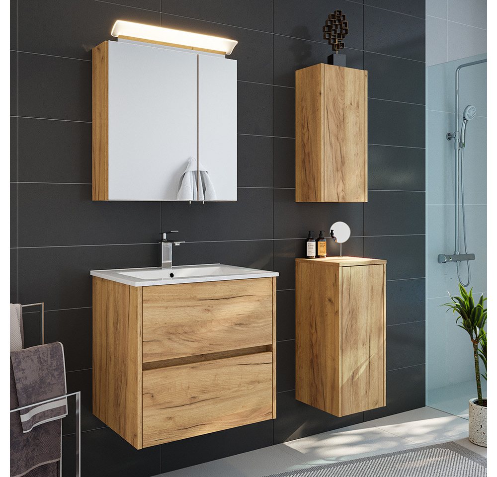 Lomadox Badmöbel-Set LIVIGNO-02, (Spar-Set, 4-St., Spiegelschrank Waschtisch Hängeschrank Unterschrank), in Eiche mit LED-Beleuchtung von Lomadox