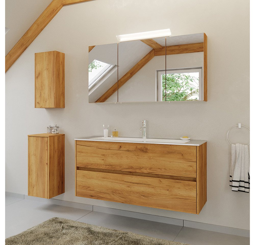 Lomadox Badmöbel-Set LIVIGNO-02, (Spar-Set, 4-St., Spiegelschrank Waschtisch Hängeschrank Unterschrank), in Eiche mit LED-Beleuchtung von Lomadox