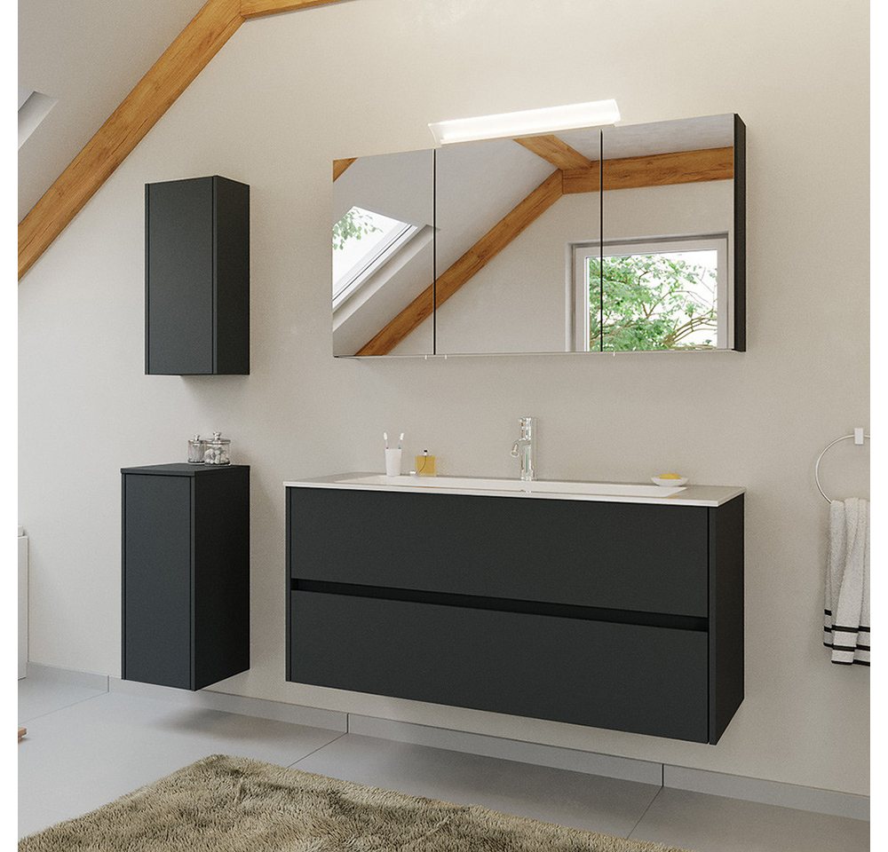 Lomadox Badmöbel-Set LIVIGNO-02, (Spar-Set, 4-St., Spiegelschrank Waschtisch Hängeschrank Unterschrank), in graphit matt mit LED-Beleuchtung von Lomadox