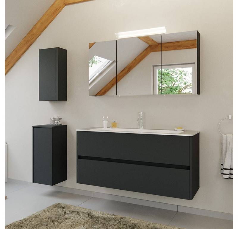 Lomadox Badmöbel-Set LIVIGNO-02, (Spar-Set, 4-St., Spiegelschrank Waschtisch Hängeschrank Unterschrank), in graphit matt mit LED-Beleuchtung von Lomadox